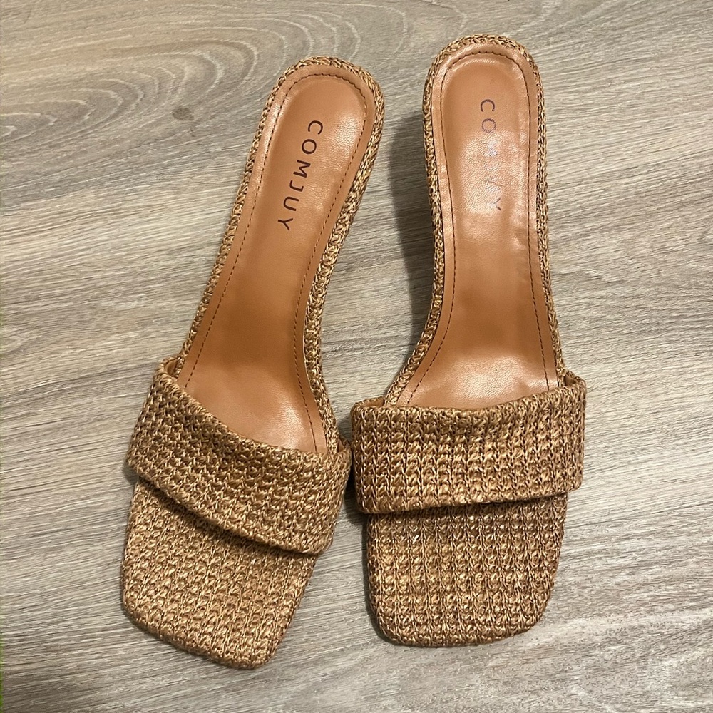 Tan Woven Square-Toe Mule